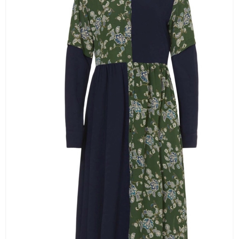 Pamela Love Green and Navy Patchwork Long Sleeve Midi Dress Medium